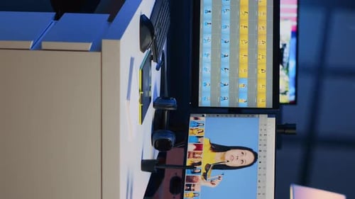 Vertical Video Media Company Creative Office mit mehreren Monitoren für die Nachbearbeitung und Retusche