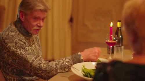 An Elderly Grayhaired Man is Sitting in a Restaurant and Talking with His Wife An Elderly Couple