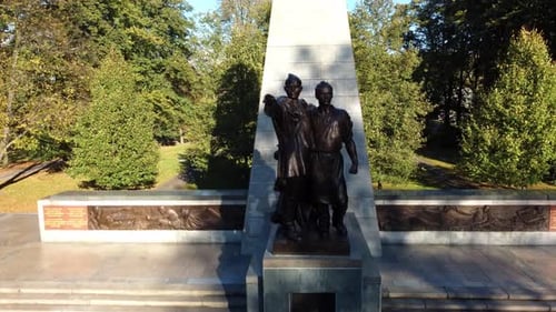Rising On Red Army Memorial Statue In Ostrava, Czech Republic. Tilt-up Shot