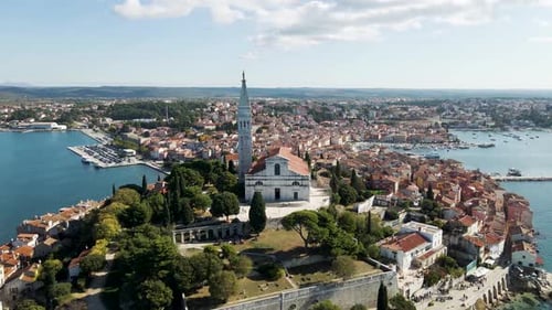 Aerial view of St. Euphemia church in Rovinj old town, Istria, Croatia.