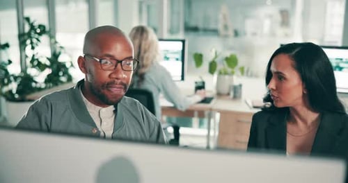 Office, advice and people with computer at desk for information technology