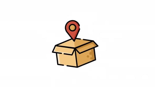 Animiertes gefülltes Paketsymbol mit GPS-Pin zur Verfolgung des Lieferorts in Echtzeit