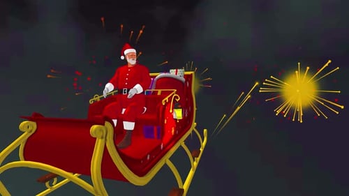 Animated Santa Claus Flying in Sleigh with Fireworks