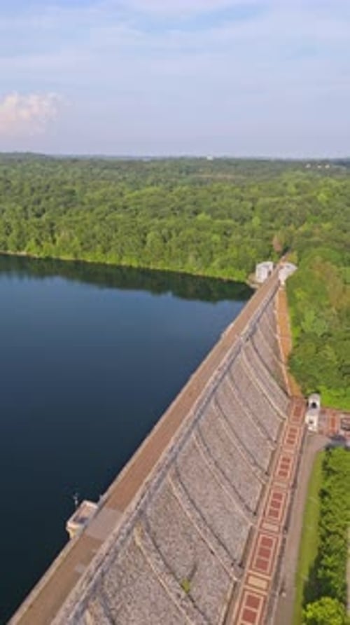 Kensico Dam and Reservoir, New York, USA. Aerial forward, vertical format, copy space