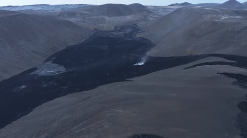 Basalt rock in valley from inactive Geldingadalsgos volcano in 2022, aerial