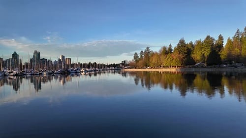 Boats in the Marina with City Scape Buildings in Urban City Sunny Sunrise Fall Season