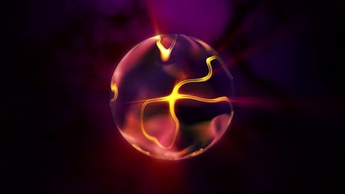 loop Abstract magical crystal glass ball glows with yellow rays on a smoky purple background. Transp