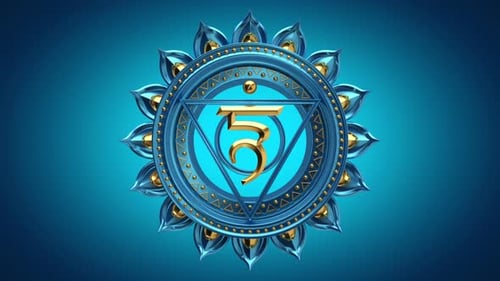 3D: vishuddha, garganta, chakra, pureza, símbolo espiritual de lótus giratório.