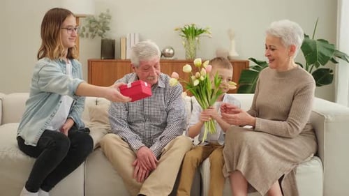 Happy Family Grandchildren Gives Gift Box Spring Tulip Flowers to Grandparents Smiling Kids Children