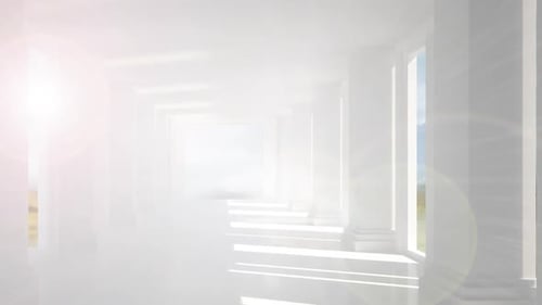 Digitale Animation eines hellen Lichtflecks vor weißen Säulen im leeren Korridor