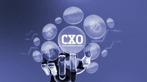AI Robot Hand Presents CXO Chief Experience Officer Holographic Icons