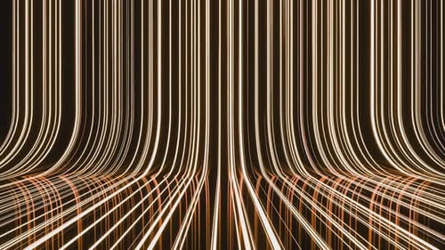 Thin golden lines bending and moving on black background. 3D render, seamless