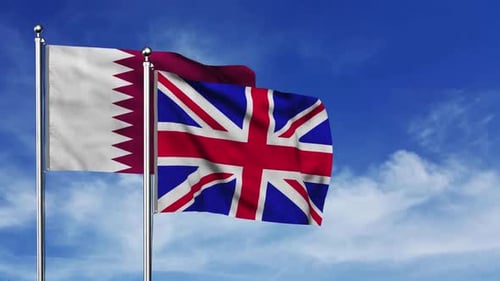 Qatar and United Kingdom Flags Waving Realistically