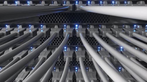 View of internet network switch with connected white ethernet cables.Data server.Infinite loop