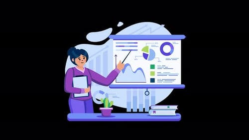 A woman presenting data analysis visuals with a tech background.
