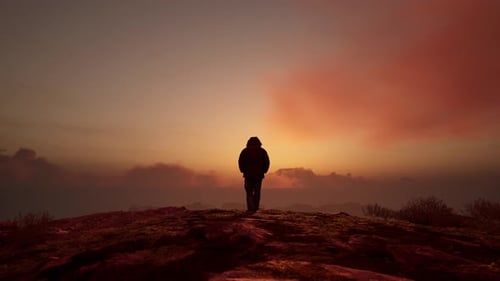 Man on Mountain Peak Golden Sunset Inspirational Scene