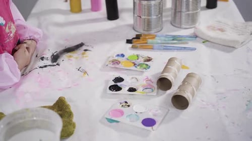 Close Up View Kids Papercraft Making Paper Bugs Out of the Empty Toilet Paper Rolls and Construction