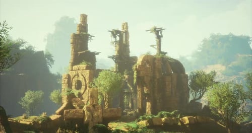 Ancient Ruins Surrounded By Lush Greenery in a Misty Landscape