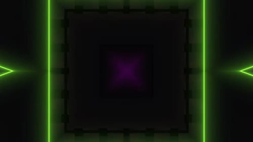 Dynamic neon tunnel with glowing purple geometric shapes and lights