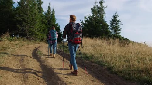 Back view of serious couple hiking in mountains during summer vacation travel