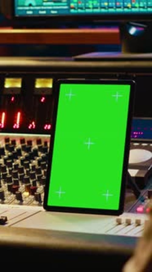 Vertical Video Diverse Music Experts Working with Greenscreen on Tablet and Mixing Console