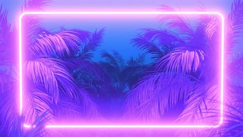 Glowing Neon Frame with Stylized Purple Palm Trees Background