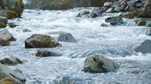 Pure Water Stream Running Through Stone Boulders Mountain River Water Splashing Epic Scale Nature