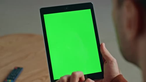 Man Hands Swiping Mockup Tablet Touchscreen Sitting Office Workplace Closeup