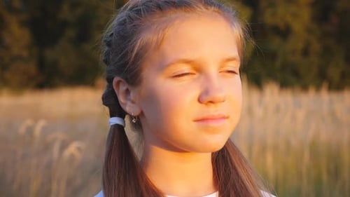 Portrait of Happy Little Girl Stands at Grass Meadow Looking at Beautiful Evening Sunset Cute Female