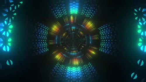 Dynamic neon tunnel pulsing with vibrant abstract geometric patterns
