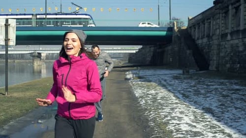 Happy, Sporty Couple Jogging, Racing in City, Super 240