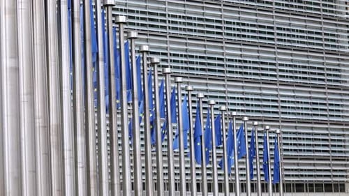 EU Flags at European Commission Building in Brussels
