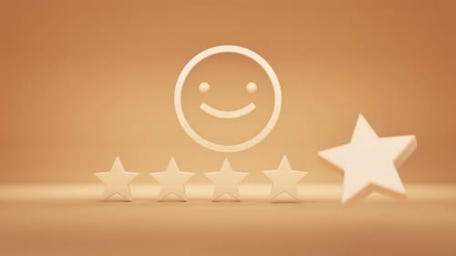 Smiley face and five wooden stars symbolize customer satisfaction feedback.