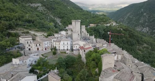 Aerial view of Pacentro and Caldora castle, Italy.