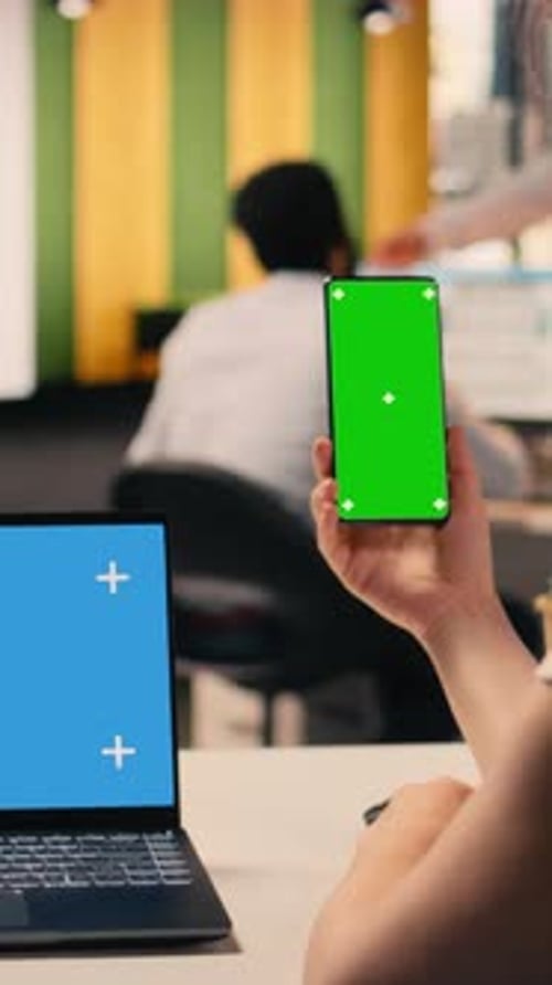 Vertical Video Green Screen Laptop Woman at Desk Multinational Company Office