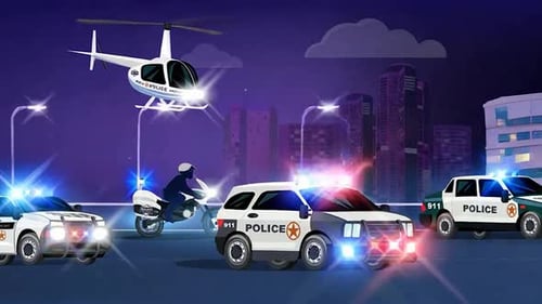 Coches patrulla de la policía, helicóptero de la policía, motocicleta de la policía que persiguen el crimen por la noche con luces parpadeantes