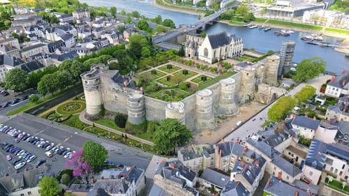 Angers castle in Loire Valley, France. Aerial drone forward