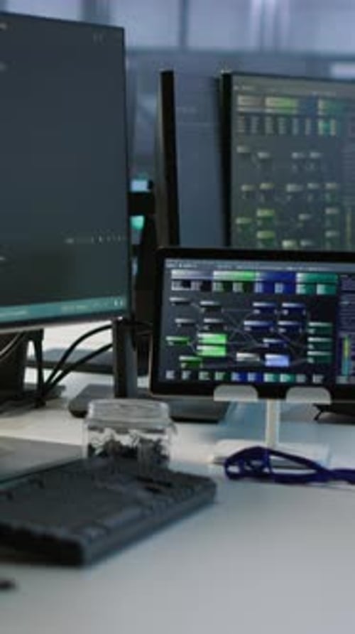 Modern Workplace Computers with Coding on Screens