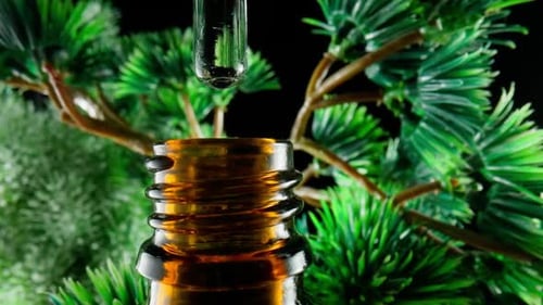 Essential Oil Drops from Dropper into Brown Bottle