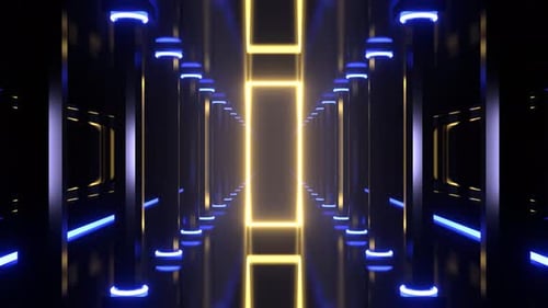 Light Yellow And Blue Neon Portal In The Columned Corridor Background Vj Loop I 4K