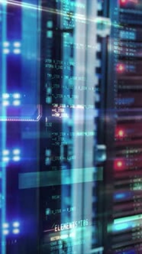 Server Cabinets Behind Glass with Data Streams