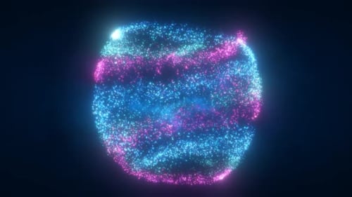 Esfera abstrata: bola de partículas e pontos brilhantes de energia voadora azul e roxa, fundo abstrato