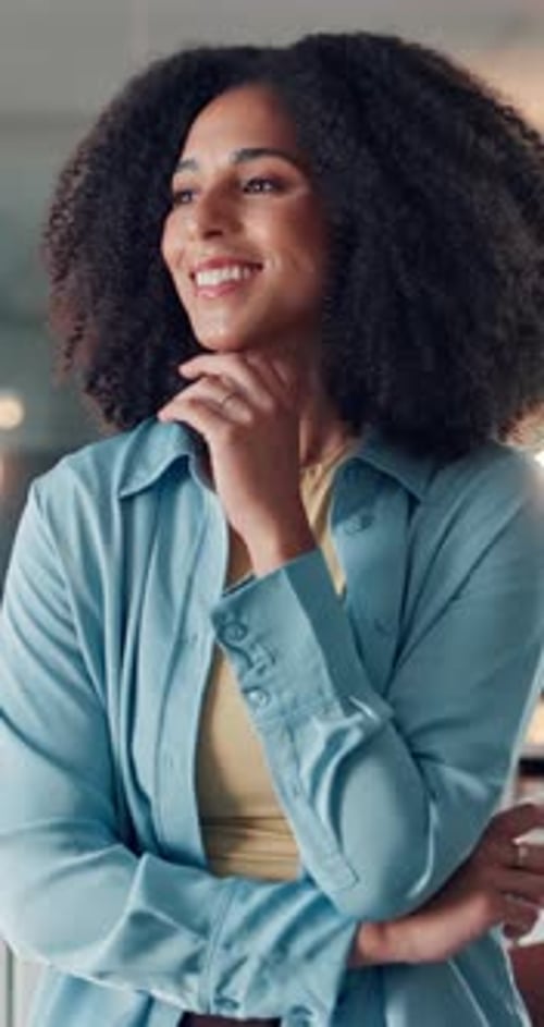 Thinking, happy and businesswoman in office with planning for creative project with decision