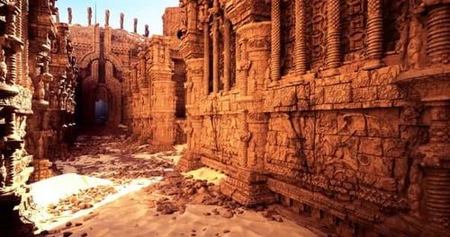 Ancient Ruins Exhibit Detailed Carvings and an Open Pathway in a Desert