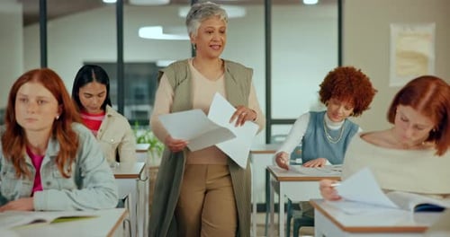 Woman, teacher and handing paper in classroom for test, diverse students with pen for education