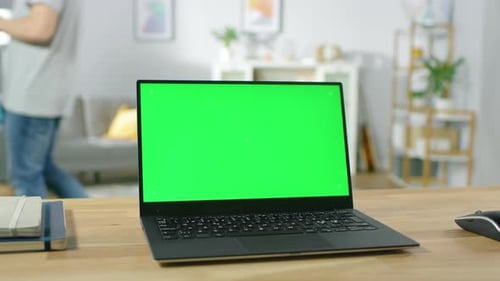 Modern Laptop with Green Mock-up Screen Display Standing on the Desk in the Cozy Living Room. Man w