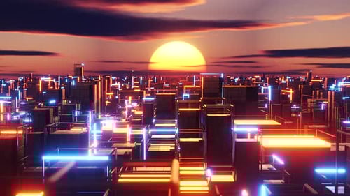 Bright sun shines behind a city filled with tall buildings. Infinitely looped animation