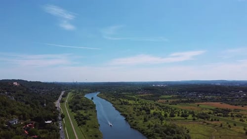 Krakow, Poland. Aerial View With Vistula River and Far View of Cracow City in the Background