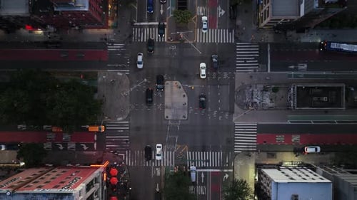 Overhead Aerial View of a Bustling New York City Intersection Capturing the Essence of Urban Life