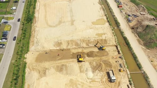 Road construction machinery on the construction of highway.Aerial View